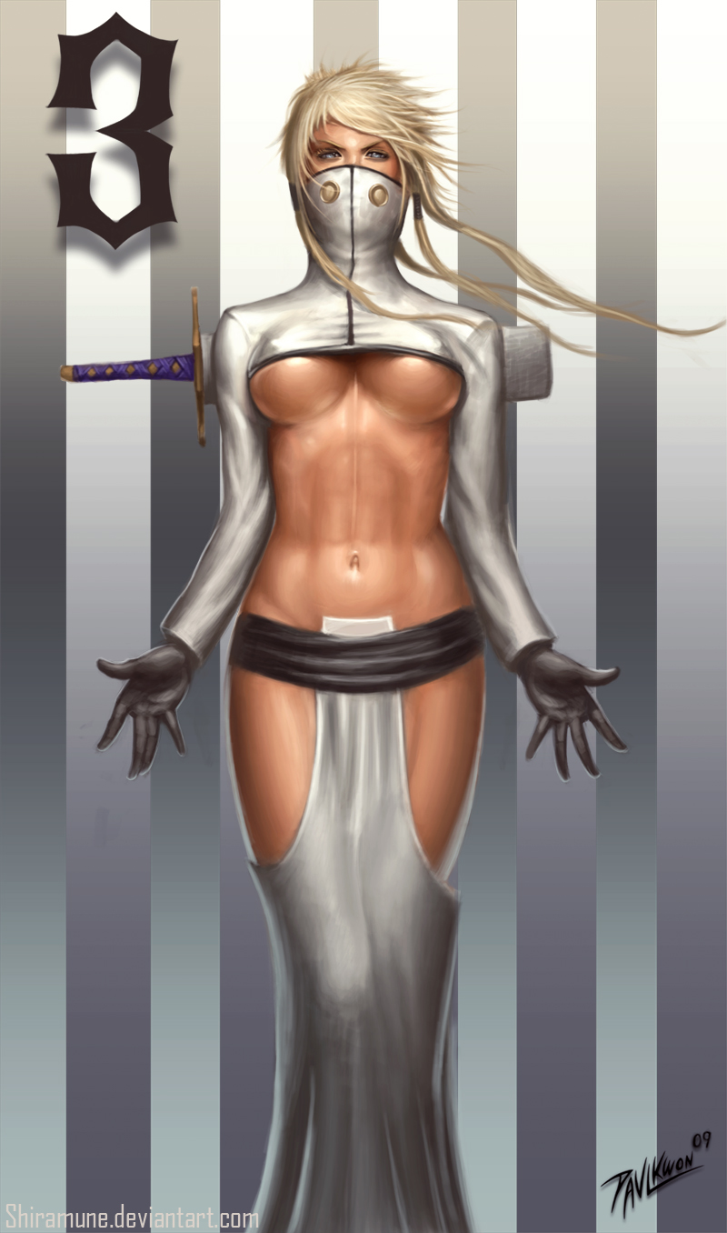 paul kwon, tier harribel, bleach, highres, blonde hair, breasts, dark skin, navel, realistic, shiny skin, sword, underboob, weapon