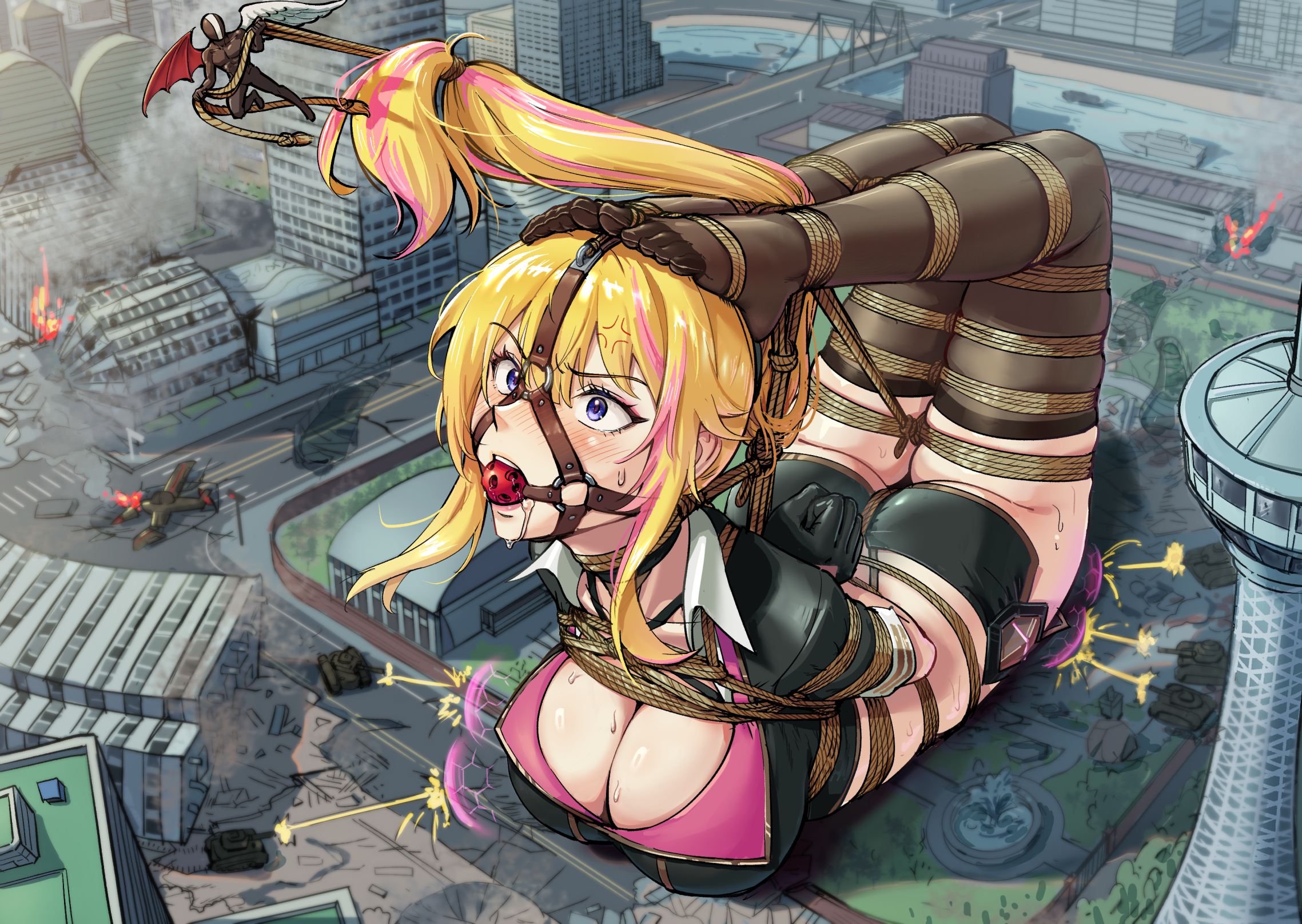 root001, original, commentary request, commission, highres, revision, 1boy, 1girl, aircraft, airplane, angel wings, anger vein, asymmetrical wings, ball gag, bdsm, black thighhighs, blonde hair, boat, bondage, bound, breasts, bridge, city, cleavage, demon wings, feet, gag, giant, giantess, high ponytail, military vehicle, motor vehicle, over-kneehighs, ponytail, purple eyes, restrained, ruins, shibari, striped hair, tank, thighhighs, toes, watercraft, wings