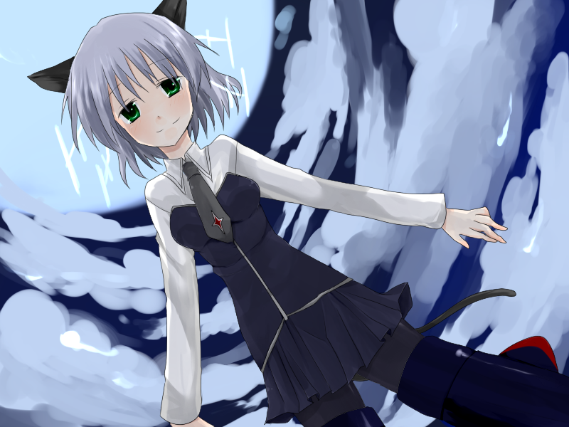 amemura aya, sanya v. litvyak, strike witches, world witches series, silver hair, bad id, bad pixiv id, 00s, 1girl, animal ears, black pantyhose, cat ears, cat tail, female focus, green eyes, military, military uniform, necktie, pantyhose, short hair, solo, striker unit, tail