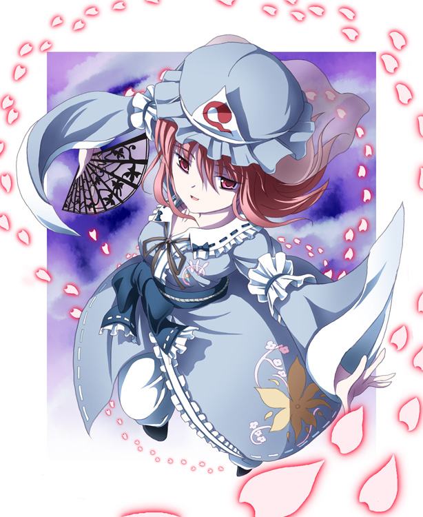 tri, saigyouji yuyuko, touhou, 1girl, dress, female focus, folding fan, hand fan, hat, japanese clothes, pink hair, red eyes, ribbon, short hair, solo