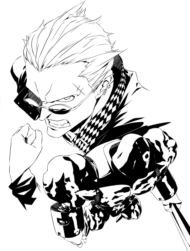 hei jin, tatsumi kanji, atlus, persona, persona 4, 1boy, earrings, greyscale, jewelry, male focus, manly, monochrome, school uniform, solo, sunglasses