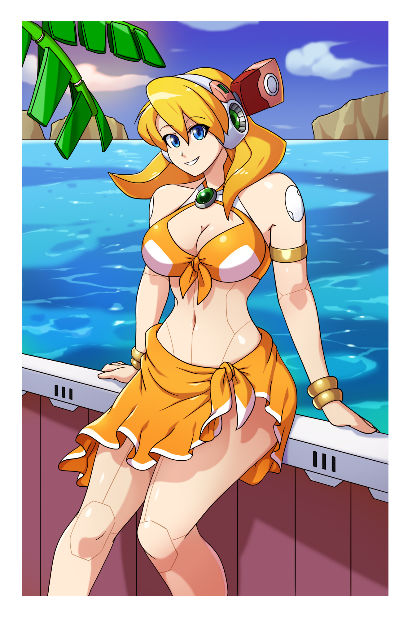 toastiepumpkin, alia (mega man), mega man (series), mega man x (series), mega man x dive, highres, 1girl, android, armlet, bikini, bikini skirt, blonde hair, blue eyes, blue sky, bracelet, breasts, chest jewel, cleavage, clenched teeth, headgear, jewelry, joints, large breasts, long hair, looking at viewer, medium hair, multicolored bikini, navel, navigator, ocean, orange bikini, robot, robot ears, robot girl, robot joints, sky, smile, solo, summer, swimsuit, swimsuit alia (mega man), teeth, two-tone bikini, yellow bikini