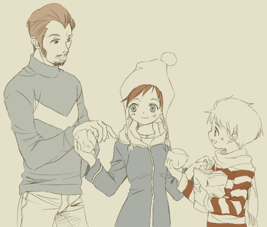 duster (mother), kumatora, lucas (mother 3), mother (series), mother 3, nintendo, 1girl, 2boys, beard, blue eyes, brown eyes, brown hair, facial hair, multiple boys, scarf, smile