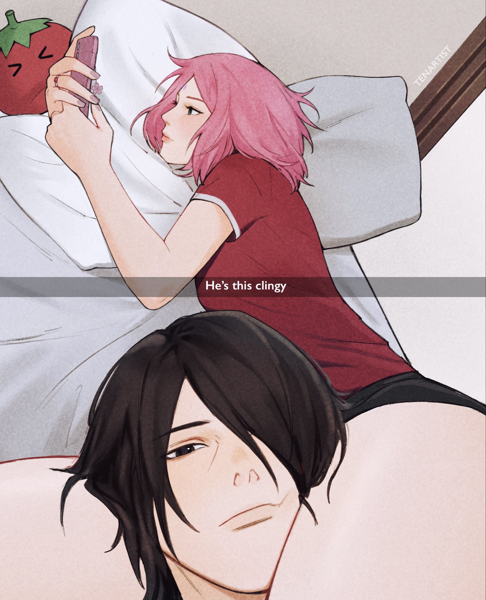 tenartistt, haruno sakura, uchiha sasuke, naruto (series), highres, 1boy, 1girl, artist name, bed sheet, black eyes, black hair, black panties, breasts, couple, facial mark, forehead mark, hair over one eye, head between thighs, hetero, holding, holding phone, i'm this clingy (meme), jewelry, looking at phone, medium breasts, meme, on bed, panties, phone, pink hair, red shirt, ring, shirt, short sleeves, strawberry-shaped pillow, t-shirt, thighs, underwear