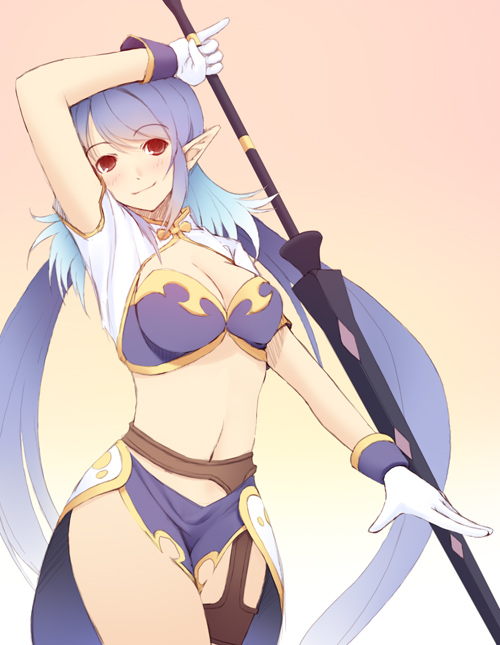 syacyo, judith (tales), tales of (series), tales of vesperia, 00s, 1girl, blue hair, female focus, gloves, long hair, midriff, pointy ears, polearm, red eyes, smile, solo, spear, thighhighs, weapon