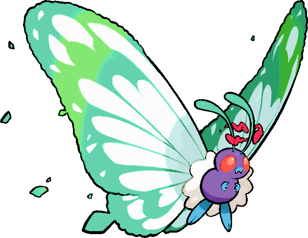 kawaanago, butterfree, gigantamax butterfree, nintendo, pokemon, commentary request, antennae, bug, dynamax, fangs, full body, gen 1 pokemon, gigantamax, insect wings, no humans, pokemon (creature), pokemon focus, red clouds, red eyes, solo, transparent background, wings