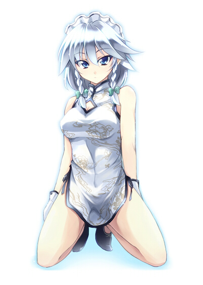 tooya, touya (the-moon), izayoi sakuya, touhou, silver hair, 1girl, alternate costume, blue eyes, braid, china dress, chinese clothes, dress, female focus, hairband, kneeling, legs, solo, twin braids