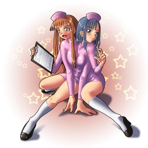 gamera (artist), lowres, tagme, 2girls, breasts, conjoined, extra arms, female focus, full body, hat, multi leg, multi limb, multiple girls, multiple heads, nurse, shoes, sitting, socks, spread legs