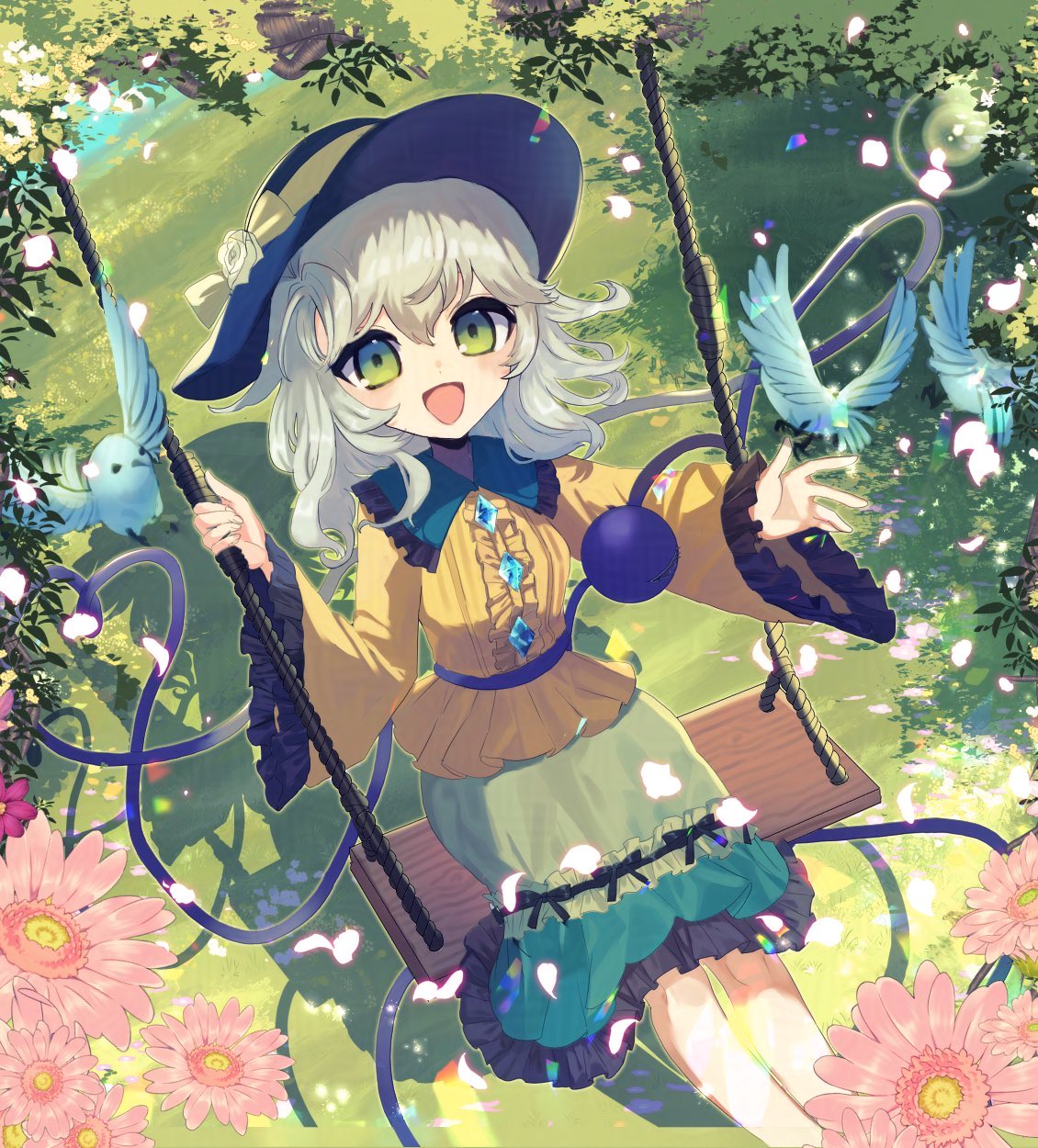 tsukikusa, komeiji koishi, touhou, highres, 1girl, black hat, blouse, blush, bow, buttons, cover, cover page, diamond button, eyeball, floral print, flower, frilled shirt collar, frilled sleeves, frills, green eyes, green hair, green skirt, hat, hat bow, hat ribbon, heart, heart of string, holding, holding string, long sleeves, looking at viewer, open mouth, ribbon, rose print, shirt, short hair, skirt, smile, solo, string, swing, third eye, wide sleeves, yellow bow, yellow ribbon, yellow shirt