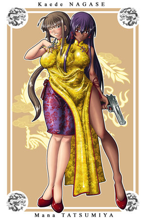 gamera (artist), lowres, tagme, 2girls, breasts, china dress, chinese clothes, conjoined, dress, extra breasts, female focus, full body, gun, multi leg, multi limb, multiple girls, shoes, standing, weapon