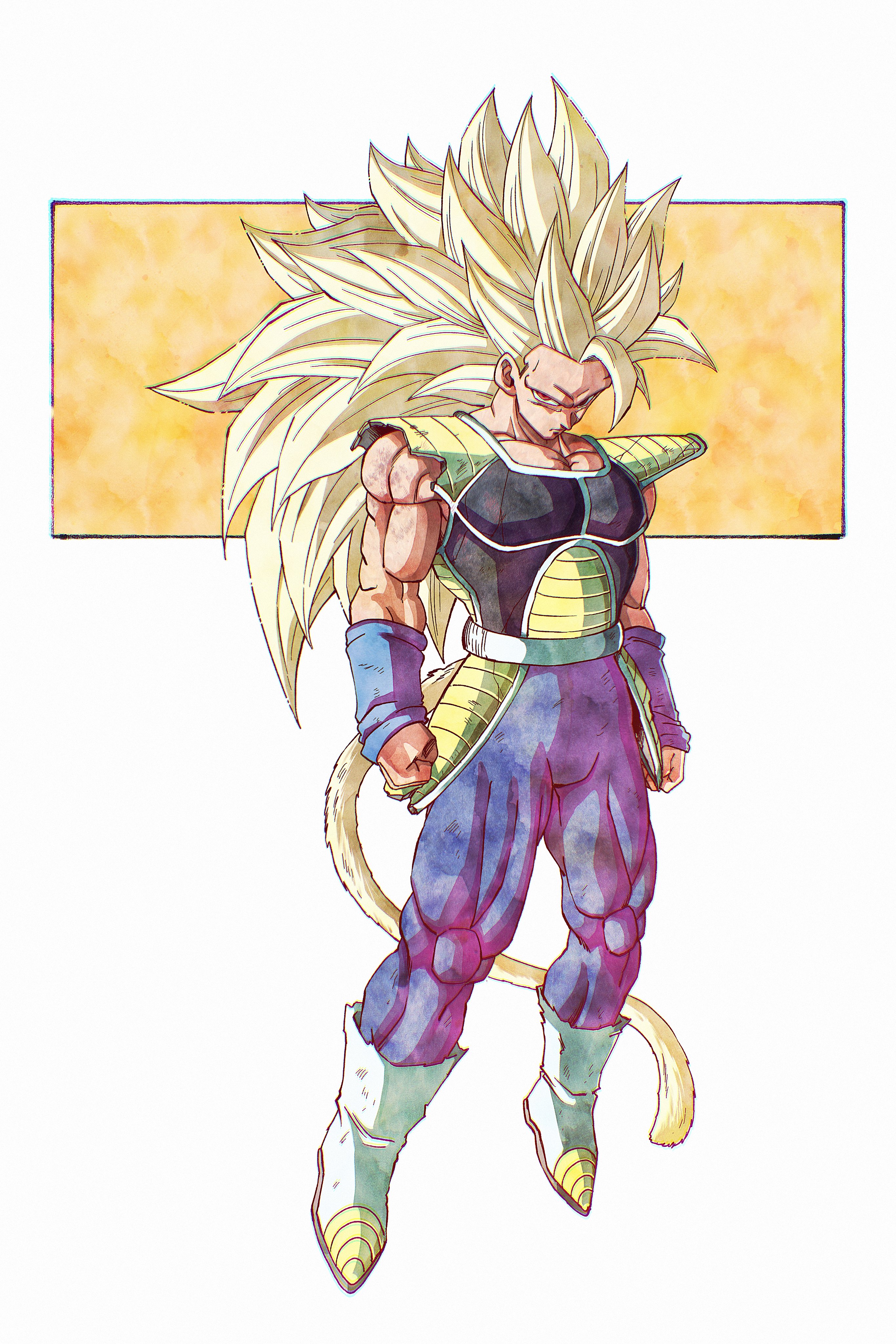 beatlo (rodrigo38658978), bardock, dragon ball, dragon ball super, absurdres, highres, 1boy, alternate form, armor, blonde hair, broken armor, clenched hand, crack, floating, full body, long hair, looking at viewer, monkey tail, muscular, muscular male, no eyebrows, red eyes, saiyan, saiyan armor, solo, super saiyan, super saiyan 3, tail, tight clothes