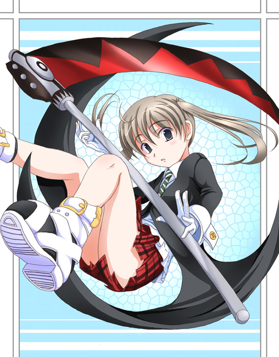 tri, maka albarn, soul eater, 00s, blazer, blouse, blush, brown hair, gloves, green eyes, jacket, long hair, miniskirt, necktie, plaid clothes, plaid skirt, school uniform, scythe, shirt, shoes, skirt, solo, twintails
