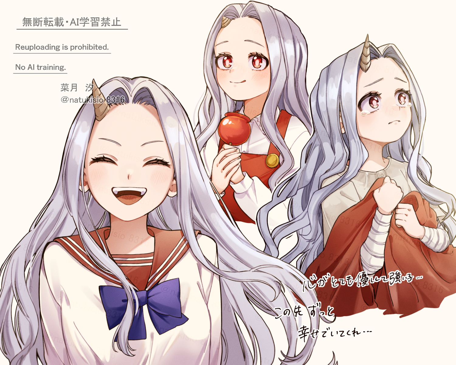 natsuki shio, eri (boku no hero academia), boku no hero academia, highres, 1girl, bandaged arm, bandages, blue bow, blue bowtie, bow, bowtie, breasts, candy apple, closed eyes, closed mouth, collared shirt, cropped torso, food, grey hair, holding, holding candy apple, holding food, horns, light blush, long hair, medium breasts, multiple views, open mouth, overalls, parted bangs, pink eyes, red overalls, red sailor collar, sailor collar, school uniform, shirt, single horn, smile, tears, upper body, wavy hair, white background, white shirt