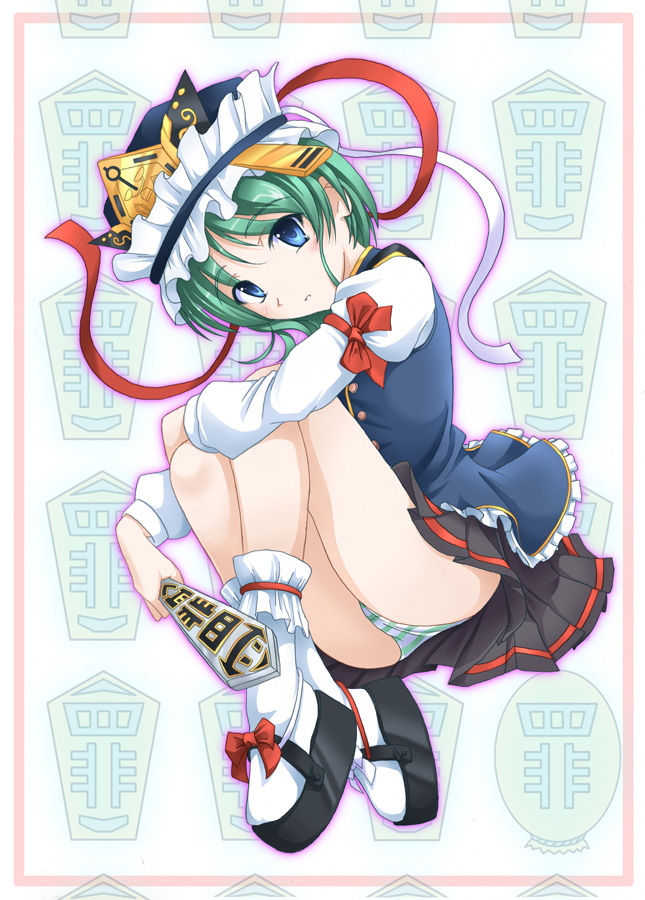 tri, shiki eiki, touhou, 1girl, ass, blouse, blue eyes, crown, female focus, fetal position, full body, green hair, green panties, hat, lying, miniskirt, on side, panties, plantar flexion, rod of remorse, shirt, shoes, short hair, skirt, socks, solo, striped clothes, striped panties, underwear, vest, white background