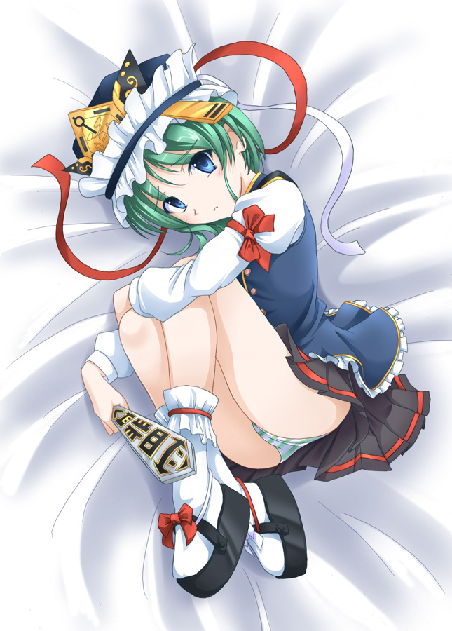 tri, shiki eiki, touhou, 1girl, ass, blouse, blue eyes, crown, female focus, fetal position, full body, green hair, green panties, hat, lying, miniskirt, on side, panties, plantar flexion, rod of remorse, shirt, shoes, short hair, skirt, socks, solo, striped clothes, striped panties, underwear, vest
