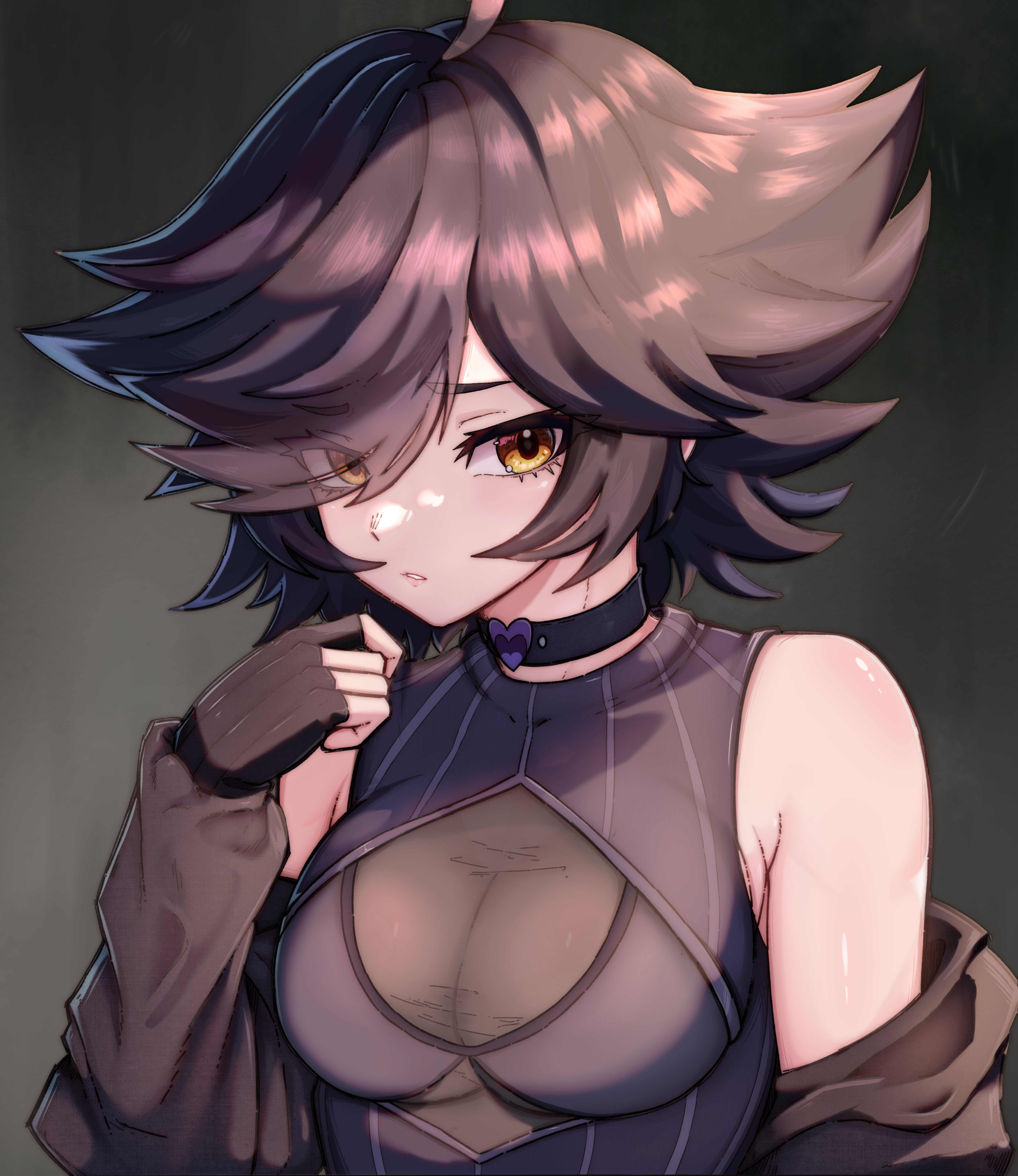 krow (elkrow2), karma (vtuber), owozu, absurdres, highres, 1girl, ahoge, armpit crease, bare shoulders, bikini, bikini under clothes, black choker, black gloves, black jacket, breasts, choker, cleavage, eyes visible through hair, fingerless gloves, flipped hair, frown, gloves, grey background, heart, heart choker, jacket, looking at viewer, medium breasts, medium hair, off shoulder, parted lips, pinstripe pattern, pinstripe shirt, purple bikini, purple shirt, see-through cleavage, see-through clothes, shirt, sleeveless, sleeveless shirt, solo, swimsuit, taut clothes, taut shirt, upper body, virtual youtuber, yellow eyes