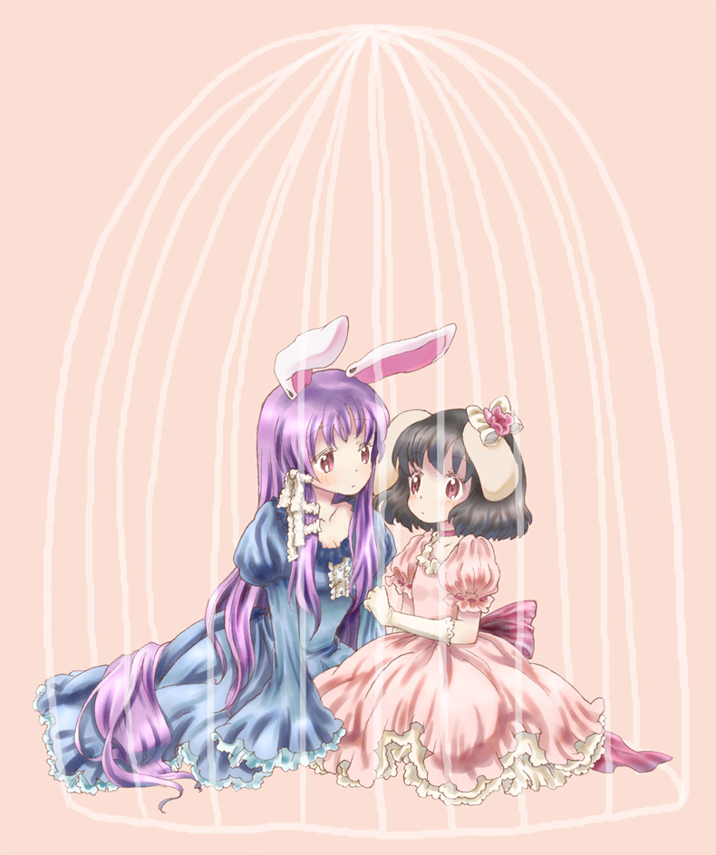 rias-shiki kawaii, inaba tewi, reisen udongein inaba, touhou, bad id, bad pixiv id, 2girls, alternate costume, animal ears, black hair, bow, female focus, gloves, hair bow, long hair, multiple girls, pink eyes, purple hair, rabbit ears, short hair, yuri