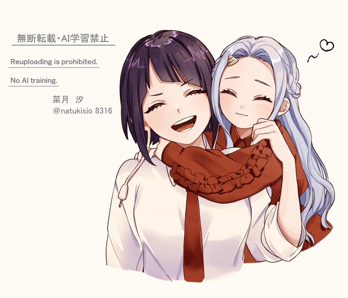 natsuki shio, eri (boku no hero academia), jiro kyoka, boku no hero academia, 2girls, arms around neck, audio jack, black hair, braid, closed eyes, closed mouth, collared shirt, cropped torso, diagonal bangs, frilled shirt, frills, horns, hug, long hair, multiple girls, necktie, open mouth, parted bangs, red necktie, red shirt, shirt, short hair, side braid, single horn, sleeves rolled up, smile, upper body, wavy hair, white background, white shirt