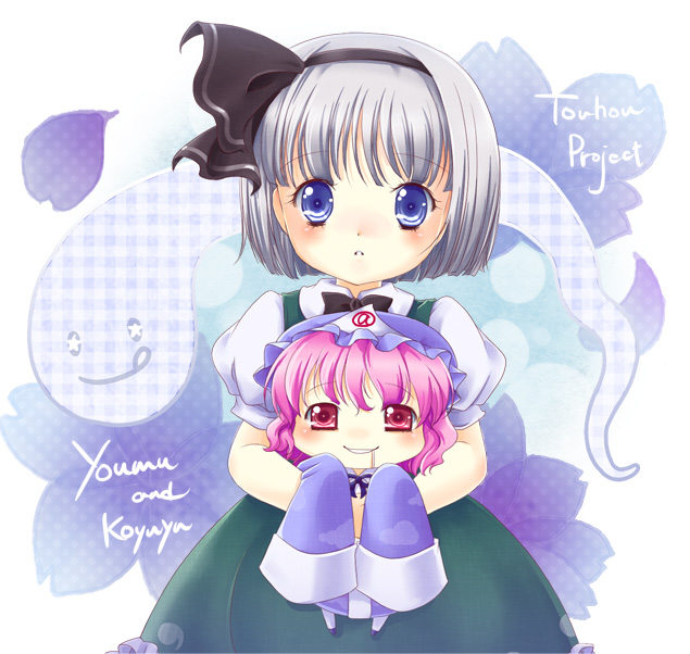 iris (artist), iris anemone, konpaku youmu, konpaku youmu (ghost), saigyouji yuyuko, touhou, silver hair, 2girls, blue eyes, chibi, female focus, ghost, hairband, hat, long sleeves, multiple girls, oversized clothes, pink eyes, pink hair, saliva, short hair