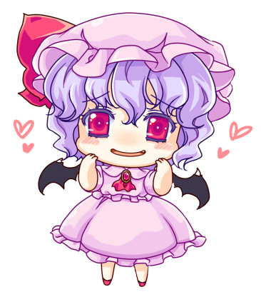 iris (artist), iris anemone, remilia scarlet, touhou, lowres, 1girl, bat wings, blue hair, chibi, female focus, hat, red eyes, short hair, solo, wings
