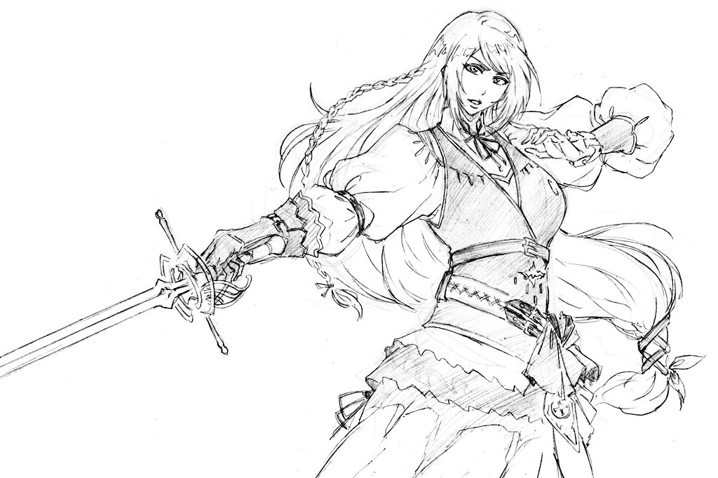 rakusakugk, jill warrick, final fantasy, final fantasy xvi, 1girl, braid, breasts, cow, fighting stance, gloves, greyscale, hair ribbon, holding, holding sword, holding weapon, kubo tite (style), long hair, long skirt, long sleeves, looking at viewer, low-tied long hair, medium breasts, monochrome, neck ribbon, parted lips, puffy long sleeves, puffy sleeves, ribbon, shirt, side braid, single glove, sketch, skirt, solo, sword, vest, weapon, white background, white shirt