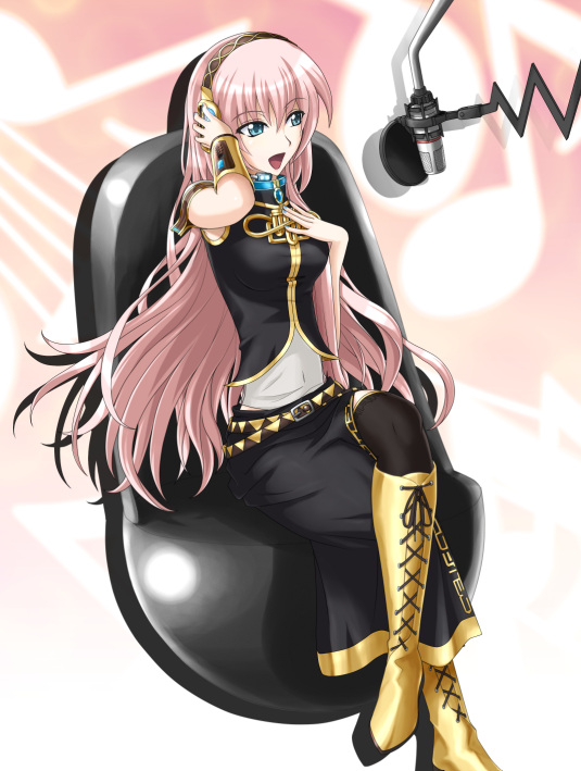 nokia (nm), megurine luka, vocaloid, 1girl, belt, blue eyes, boots, crossed legs, female focus, headband, knee boots, long hair, microphone, microphone stand, midriff, navel, pink hair, sitting, skirt, solo, thighhighs, very long hair