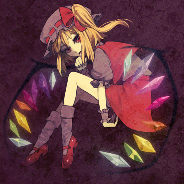 kotetu, tsurusaki yuu, flandre scarlet, touhou, biting finger, 1girl, biting, blonde hair, blood, female focus, fetal position, full body, hat, mary janes, one side up, plantar flexion, ponytail, red eyes, shoes, short hair, side ponytail, socks, solo, wings, wrist cuffs