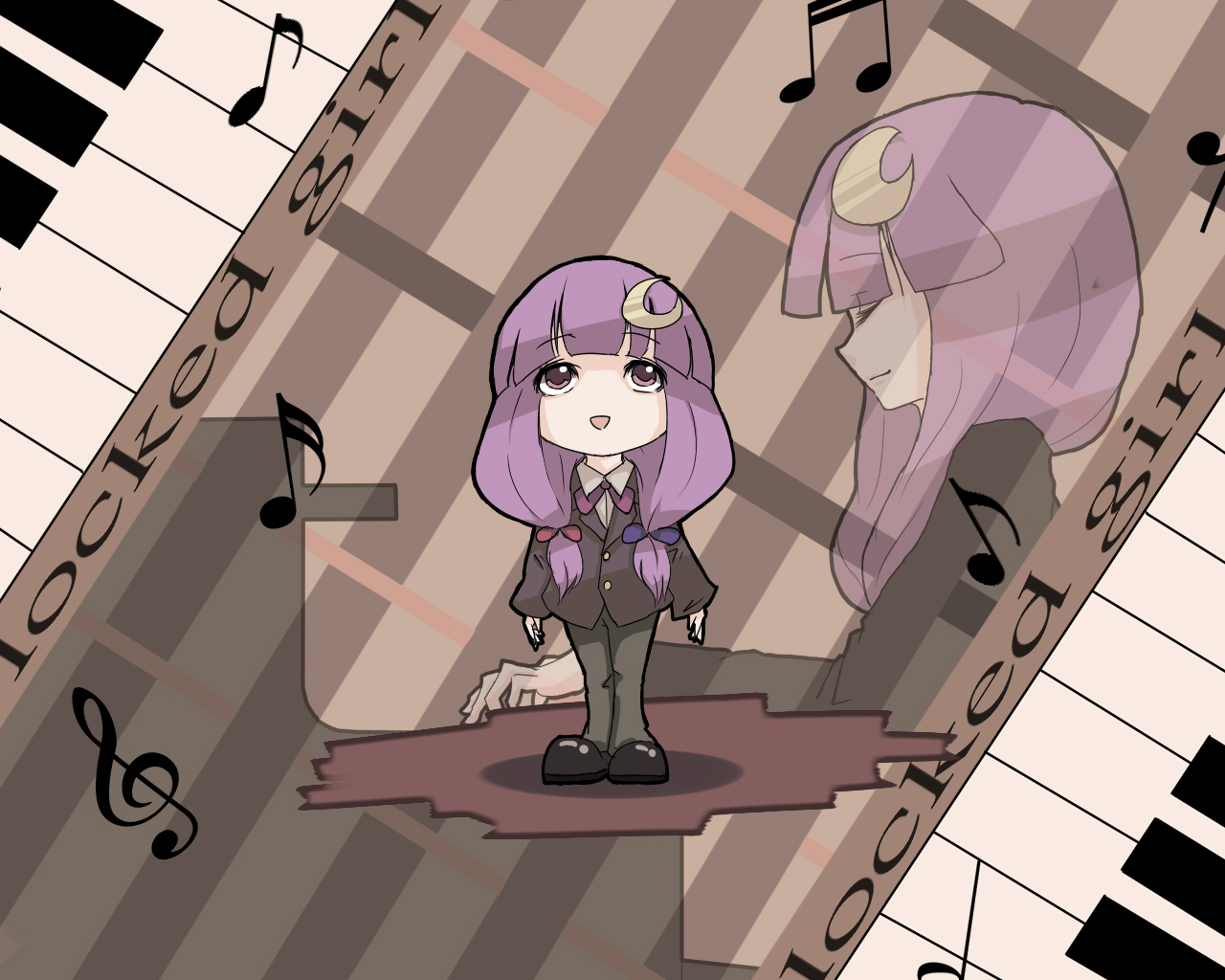 epurasu, patchouli knowledge, touhou, 1girl, crescent, crescent hair ornament, female focus, formal clothes, grand piano, hair ornament, instrument, musical note, pant suit, pants, piano, piano keys, purple eyes, purple hair, short hair, solo, suit