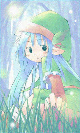 asami natsuhito, original, archived source, bad link, lowres, 1girl, belt, blue background, blue eyes, blue hair, blush, brown belt, brown shoes, brown sleeves, closed mouth, dot nose, elf, expressionless, film grain, forest, grass, green eyes, green hat, green sleeves, green tunic, hat, hat ornament, layered sleeves, leaf, leaf hat ornament, light particles, long hair, long sleeves, loose hair strand, nature, no sclera, pointy ears, shoes, short over long sleeves, short sleeves, sidelocks, sitting, solo, straight hair, tree, tunic