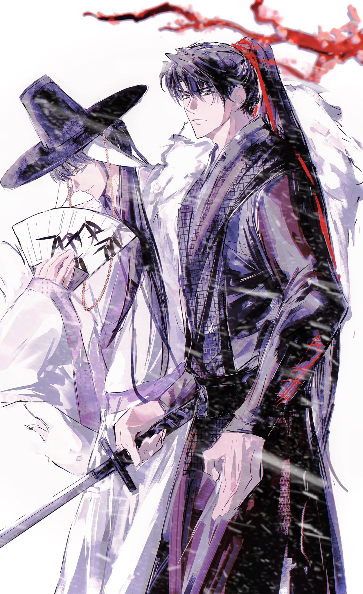 kim dokja, yoo joonghyuk, omniscient reader's viewpoint, highres, 2boys, 8d2suga9, alternate costume, animal ears, black hair, black hanbok, branch, feet out of frame, fur collar, hanbok, hand fan, hat, high ponytail, holding, holding fan, holding sword, holding weapon, korean clothes, long hair, looking at viewer, male focus, motion blur, multiple boys, ponytail, serious, sheep ears, short hair, smile, sword, veil, weapon, wind