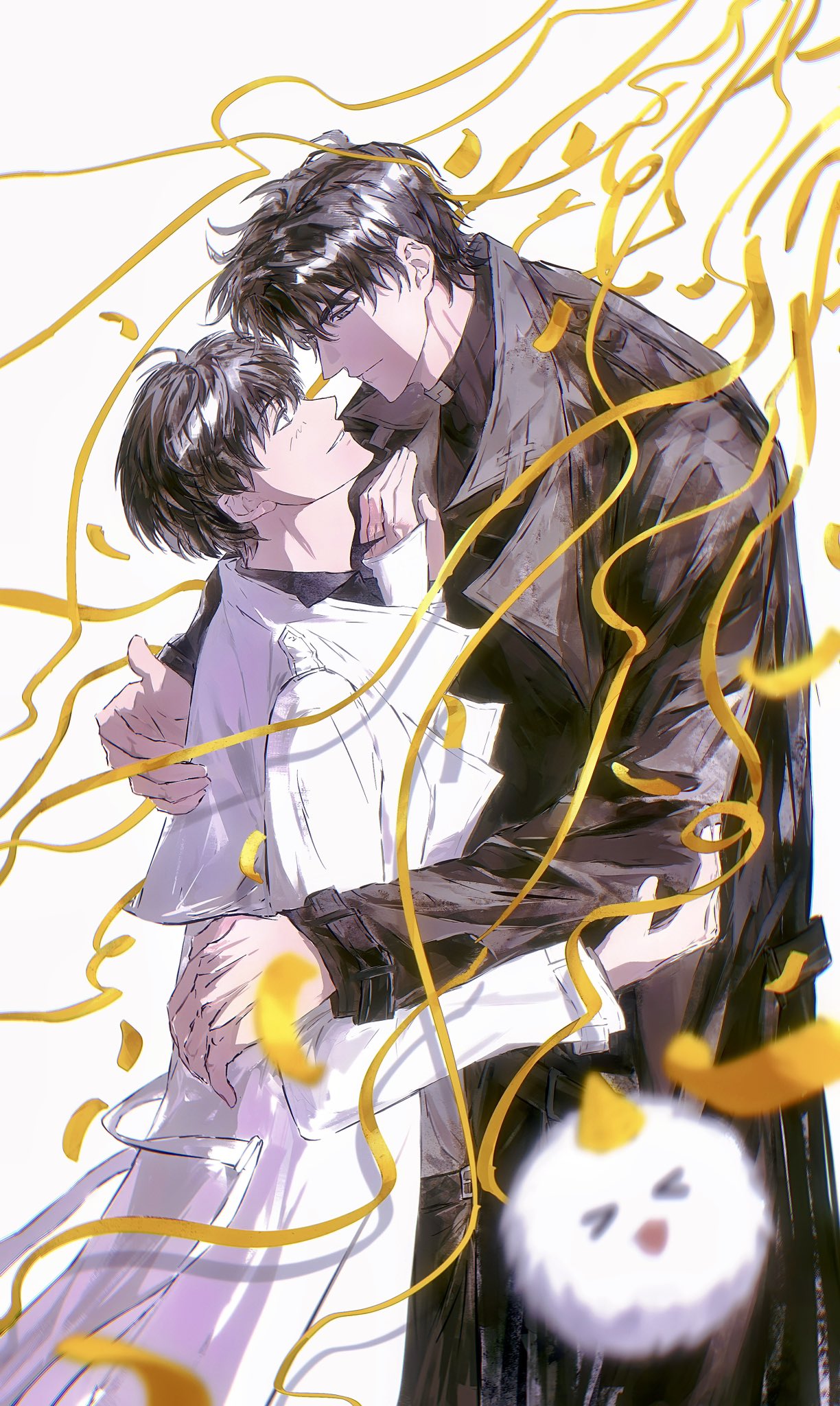 kim dokja, yoo joonghyuk, omniscient reader's viewpoint, highres, 2boys, 8d2suga9, black coat, black eyes, black hair, black shirt, coat, confetti, feet out of frame, hug, large hands, looking at another, multiple boys, open clothes, open coat, popped collar, shirt, short hair, smile, streamers, white coat, yaoi