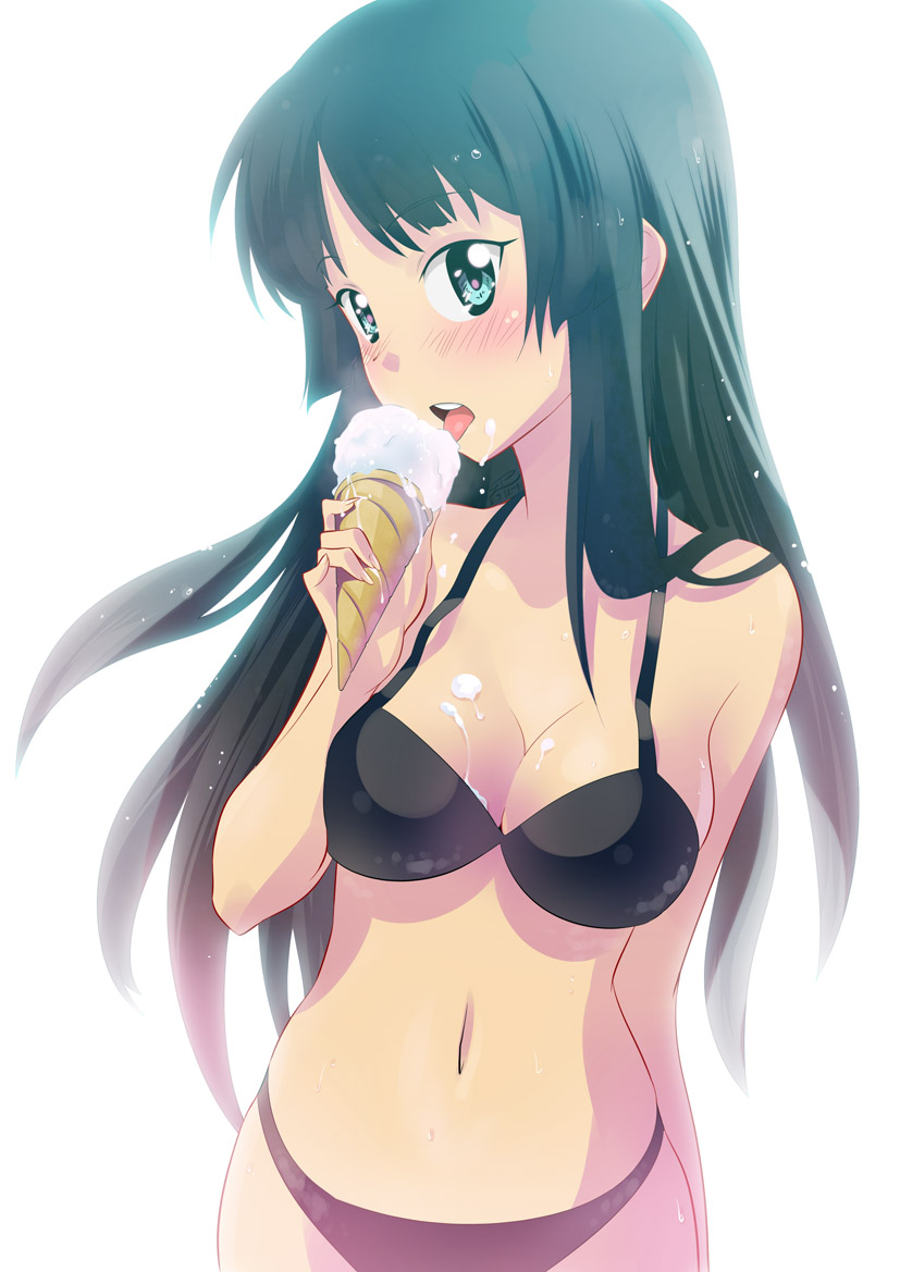 zpolice, akiyama mio, k-on!, bad id, bad pixiv id, 00s, 1girl, bare shoulders, bikini, black bikini, black hair, blue eyes, blush, breasts, cleavage, female focus, food, ice cream, large breasts, licking, long hair, melting, navel, sexually suggestive, shiny skin, simple background, solo, suggestive fluid, sweat, swimsuit, tongue, wet