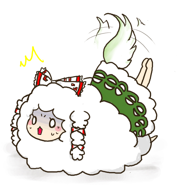 monokurow, ex-keine, fujiwara no mokou, kamishirasawa keine, touhou, bad id, bad pixiv id, 2girls, ^^^, animalization, barefoot, bow, caved (touhou), chibi, female focus, glomp, hair bow, hair ribbon, horns, hug, multiple girls, o o, ribbon, sheep, tail