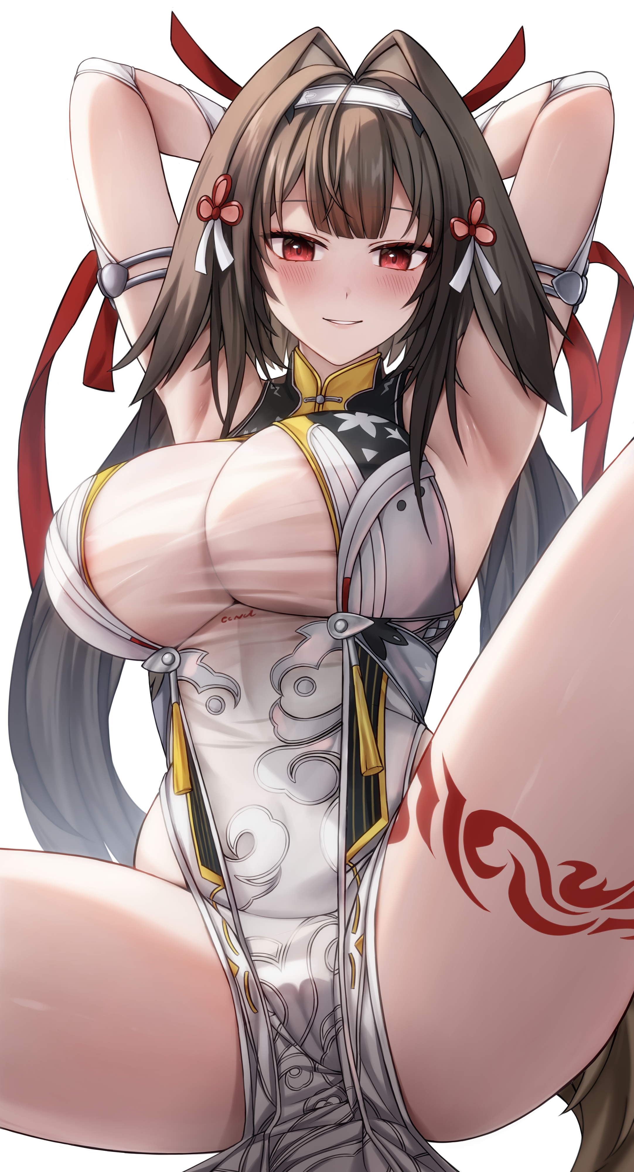 chien zero, ye shunguang, zenless zone zero, absurdres, commentary, highres, revision, 1girl, arm behind head, armpits, arms behind head, arms up, blush, breasts, brown hair, china dress, chinese clothes, closed mouth, dress, hair intakes, hair ornament, hair spread out, hairband, impossible clothes, large breasts, leg tattoo, long hair, looking at viewer, pelvic curtain, red eyes, see-through cleavage, see-through clothes, simple background, smile, solo, spread legs, tassel, tattoo, thighs, very long hair, white background, white hairband