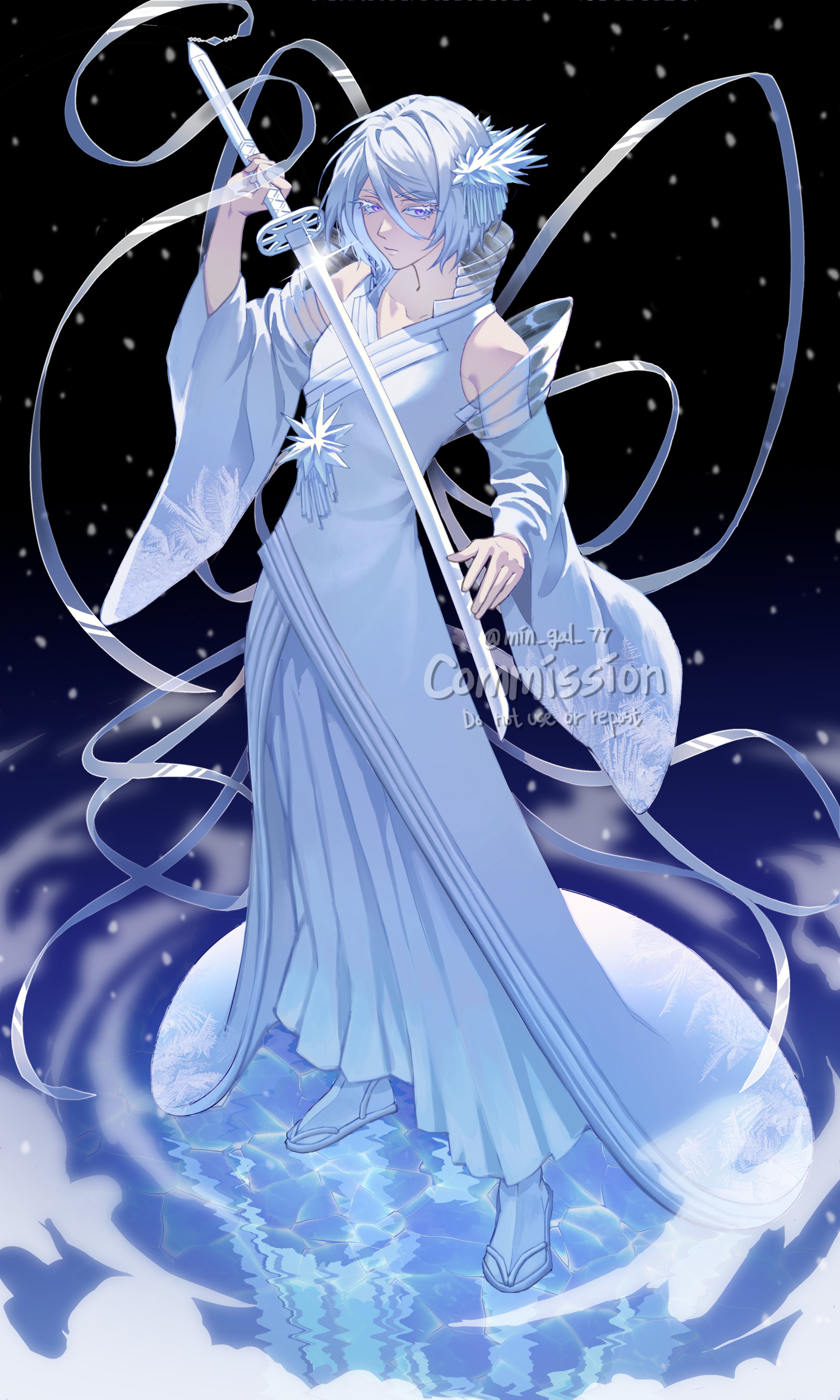 min gal 77, kuchiki rukia, bleach, bleach: sennen kessen-hen, absurdres, commission, highres, 1girl, bankai, bare shoulders, breasts, closed mouth, colored eyelashes, detached sleeves, dress, fighting stance, hair between eyes, hakka no togame (bankai), holding, holding sword, holding weapon, ice, medium breasts, sandals, short hair, solo, standing, sword, tabi, twitter username, weapon, white dress, white hair, wide sleeves, zanpakutou