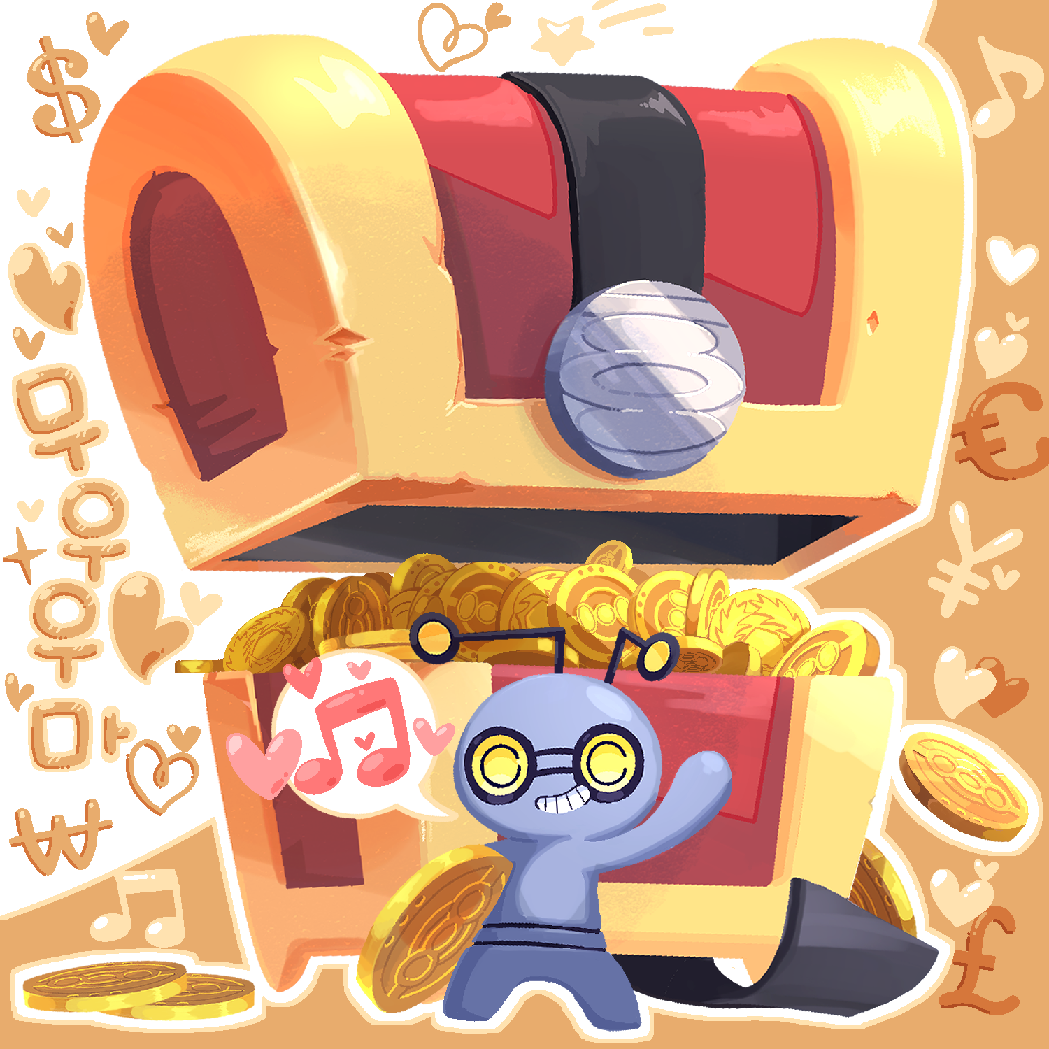 ttrtag, gimmighoul, gimmighoul (chest), gimmighoul (roaming), nintendo, pokemon, commentary request, commission, highres, korean commentary, antennae, coin, dollar sign, euro sign, full body, grin, heart, holding, holding coin, musical note, outline, pokemon (creature), pokemon focus, pound sign, smile, speech bubble, spoken musical note, standing, teeth, treasure chest, white outline