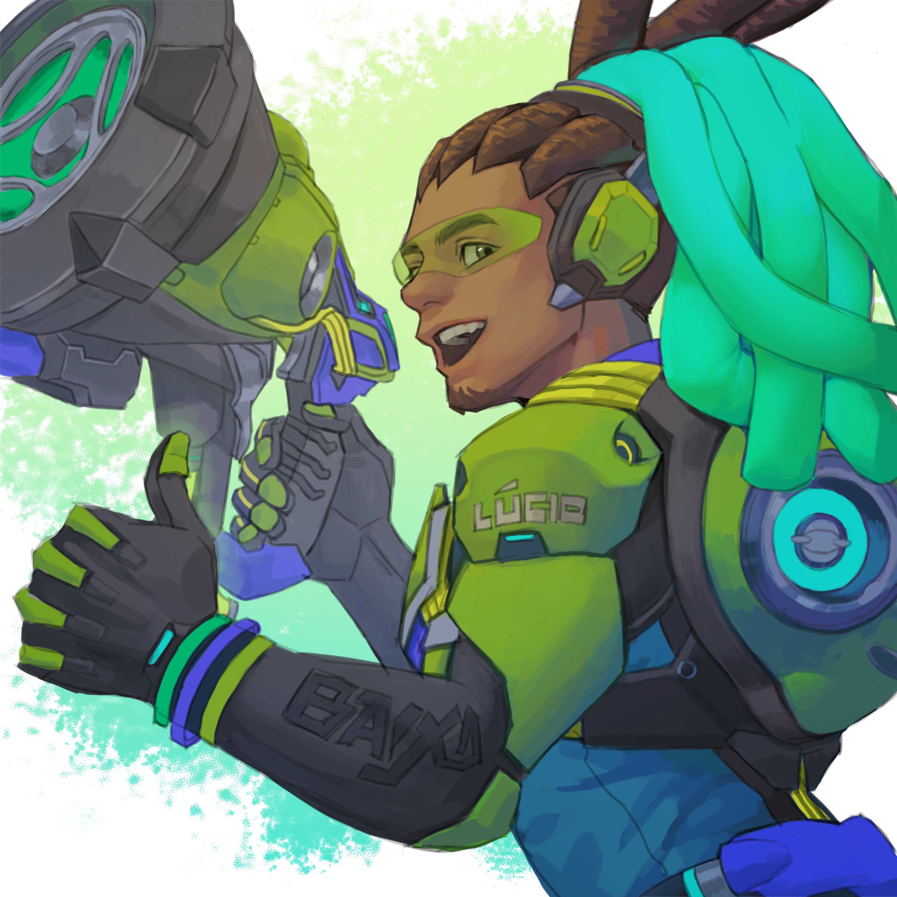 min gal 77, lucio (overwatch), overwatch, absurdres, highres, 1boy, aqua hair, beard, black gloves, body armor, brown eyes, brown hair, character name, chinstrap beard, dark-skinned male, dark skin, dreadlocks, facial hair, gloves, green visor, gun, holding, holding gun, holding weapon, looking at viewer, male focus, open mouth, ponytail, smile, solo, thumbs up, upper body, weapon