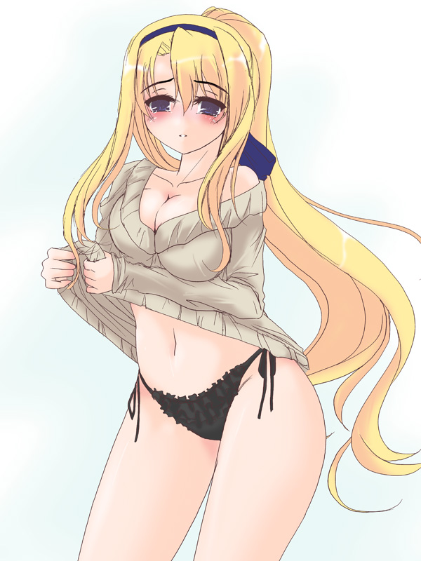 frapowa, carim gracia, lyrical nanoha, mahou shoujo lyrical nanoha, mahou shoujo lyrical nanoha strikers, 00s, 1girl, blonde hair, blue eyes, breasts, casual, cleavage, female focus, large breasts, long hair, navel, panties, ponytail, purple eyes, side-tie panties, solo, sweater, underwear