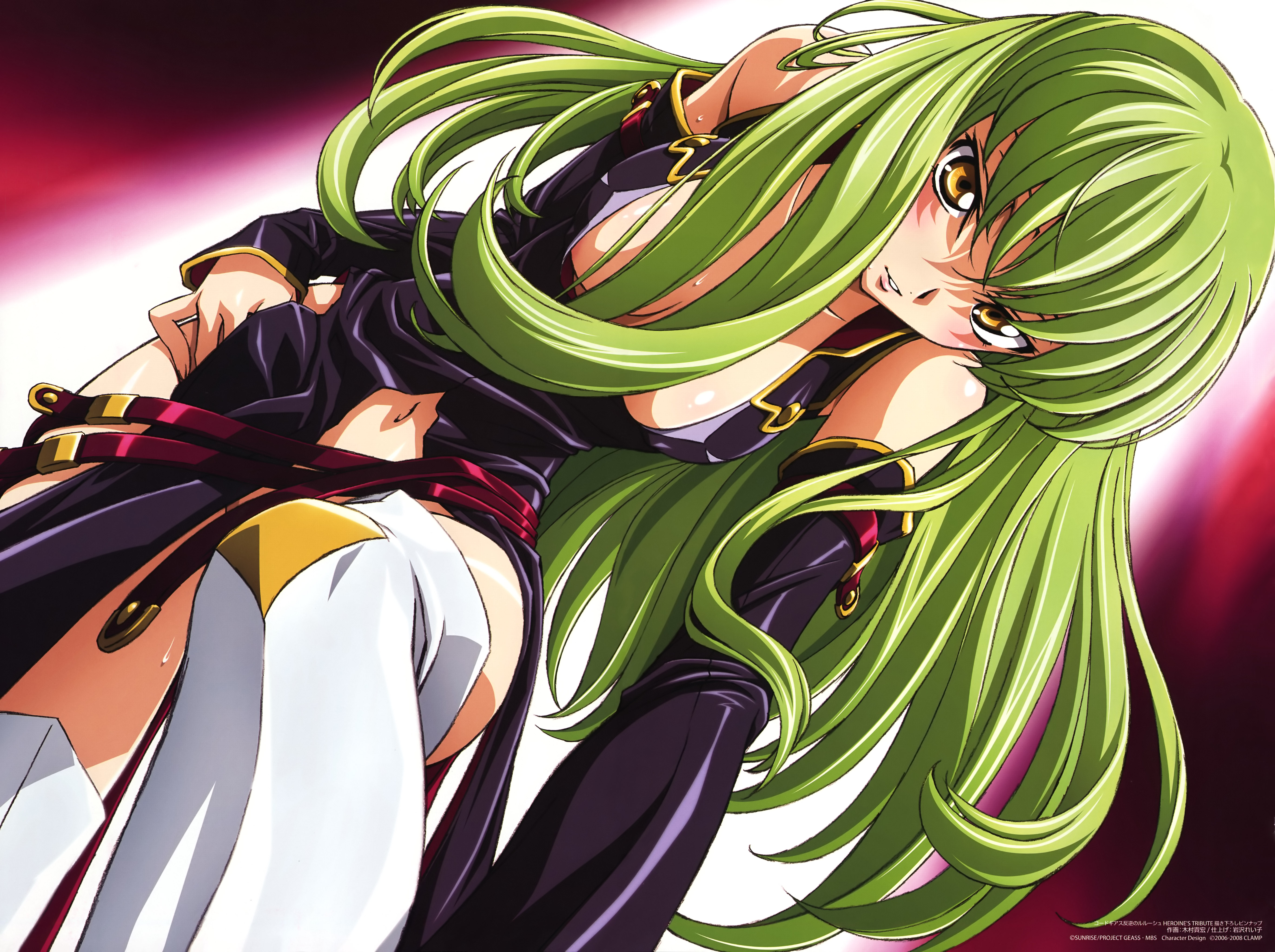 kimura takahiro, c.c., code geass, absurdres, highres, 00s, 1girl, boots, female focus, green hair, long hair, navel, solo, thigh boots, thighhighs, yellow eyes
