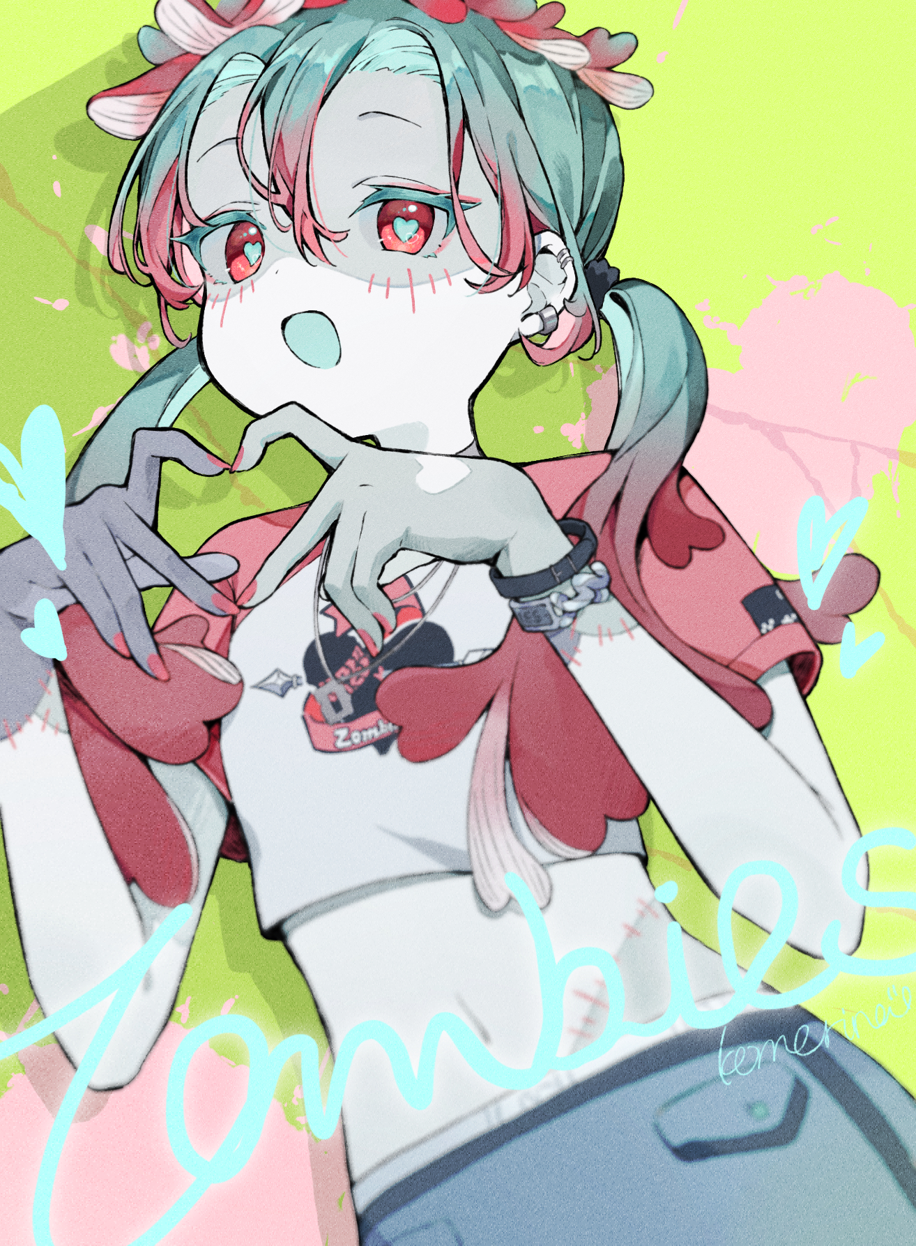 komerina, hatsune miku, vocaloid, zombie (vocaloid), commentary, highres, 1girl, :o, aqua hair, artist name, black scrunchie, blue pants, blurry, blush, bracelet, bright pupils, choker, colored skin, colored tips, crop top, dot nose, earclip, english text, food-themed hair ornament, four-finger heart hands, gradient hair, green background, grey choker, hair between eyes, hair ornament, hair scrunchie, hands up, heart, heart-shaped pupils, heart hands, heart print, jewelry, long hair, looking at viewer, midriff, multicolored hair, multicolored shirt, mushroom hair ornament, nail polish, navel, open mouth, pants, patchwork skin, pink hair, pink nails, pink shirt, print shirt, red eyes, scrunchie, shirt, short sleeves, sidelocks, simple background, smile, solo, stitched arm, stitched face, stitched torso, stitches, symbol-shaped pupils, twintails, two-tone hair, upper body, white shirt, white skin, zombie