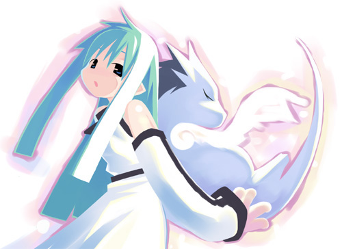 asami natsuhito, original, archived source, bad link, lowres, 1girl, :o, bare shoulders, black eyes, black ribbon, blunt ends, blunt sidelocks, cowboy shot, creature, detached sleeves, dress, dress ribbon, green eyes, green hair, halterneck, harada takehito (style), holding, holding creature, long hair, long sidelocks, long sleeves, looking at viewer, no lineart, open mouth, pointy ears, ribbon, sidelocks, simple background, single sleeve past wrist, sleeveless, sleeveless dress, very long hair, very long sidelocks, white background, white sleeves, white tail, white wings, wings