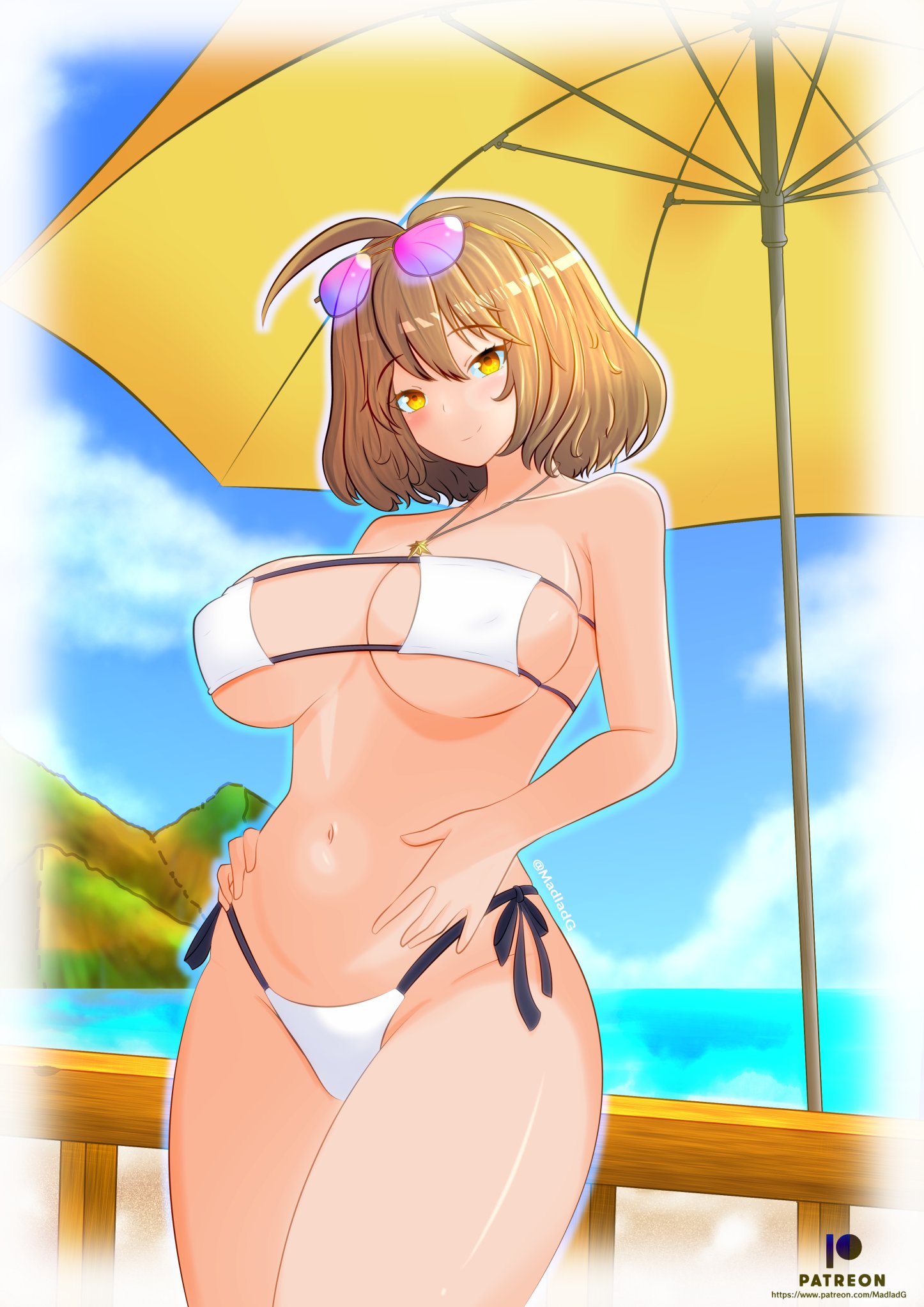 anis (nikke), anis (sparkling summer) (nikke), goddess of victory: nikke, commentary, english commentary, highres, 1girl, ahoge, beach umbrella, bikini, blue sky, breasts, brown hair, closed mouth, cloud, cloudy sky, eyepatch bikini, eyewear on head, large breasts, looking at viewer, madlad g, navel, outdoors, short hair, sky, solo, swimsuit, umbrella, white bikini, yellow eyes