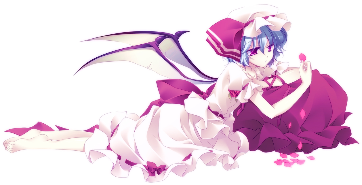 mitsuki (artist), motomiya mitsuki, remilia scarlet, touhou, 1girl, barefoot, blue hair, dress, feet, female focus, full body, hat, red eyes, short hair, solo, white background, wings