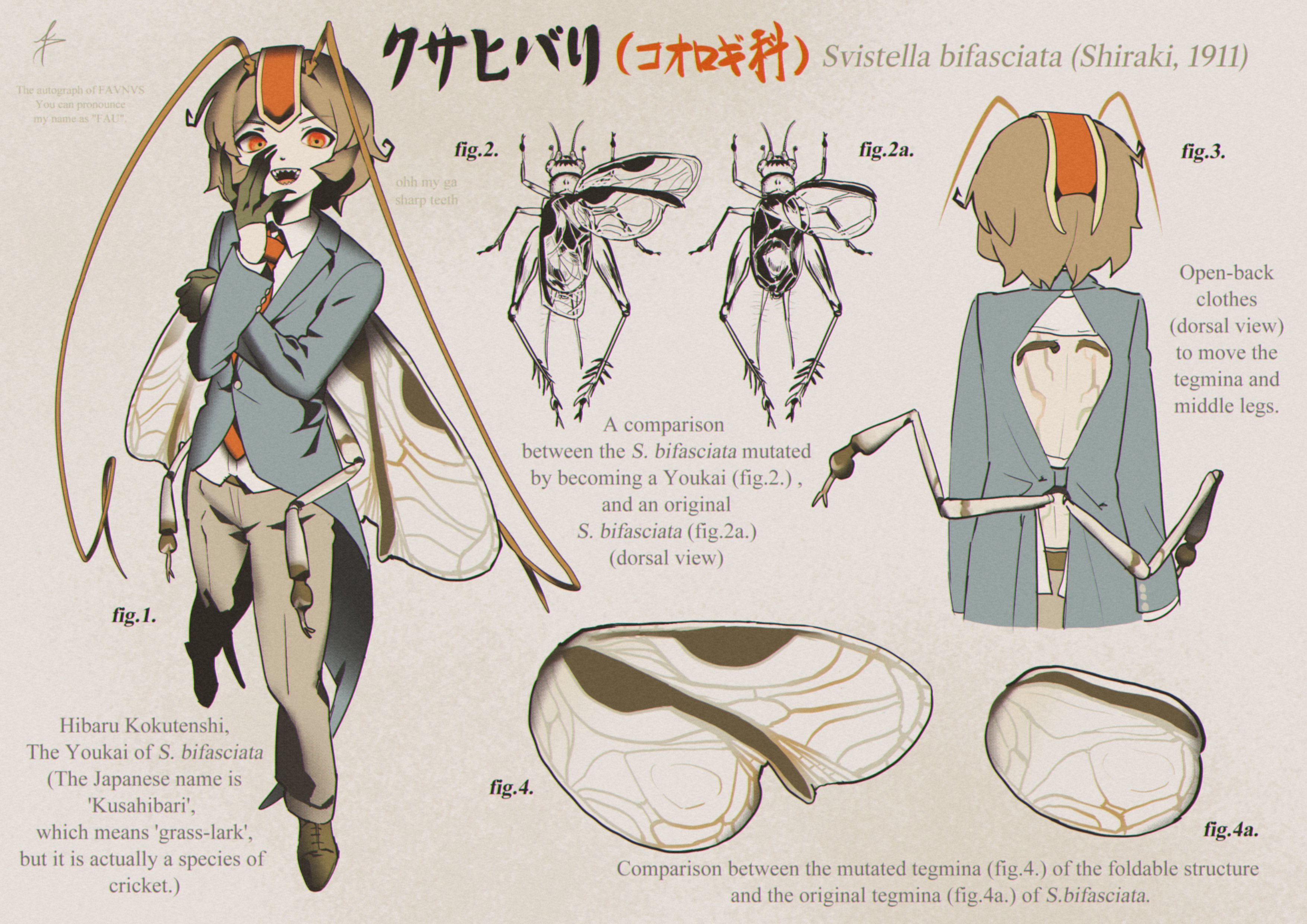 favnvs (s910a ib6), kokutenshi hibaru, len'en, absurdres, commentary request, highres, translation request, 1other, androgynous, animal, antennae, back cutout, black gloves, blazer, blue coat, brown hair, brown pants, brown shoes, bug, business suit, claws, close-up, clothing cutout, coat, coattails, collared jacket, collared shirt, dot nose, dress pants, dress shoes, english text, eye of senri, formal clothes, from behind, full body, gloves, grey background, half gloves, hand on own arm, hand on own cheek, hand on own face, happy, headgear, insect, insect wings, jacket, lapels, legs apart, looking at viewer, mixed-language text, mosquito, multiple views, necktie, notched lapels, other focus, pants, red eyes, red necktie, reference sheet, sharp teeth, shirt, shoes, short hair, shoulder blades, simple background, smile, suit, teeth, transparent wings, upper teeth only, white shirt, wings