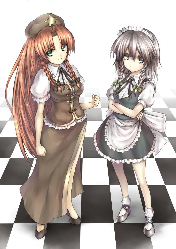 takemori shintarou, hong meiling, izayoi sakuya, embodiment of scarlet devil, touhou, silver hair, bad id, bad pixiv id, 2girls, blue eyes, braid, checkered floor, crossed arms, female focus, hat, long hair, maid, multiple girls, red hair, smile, twin braids