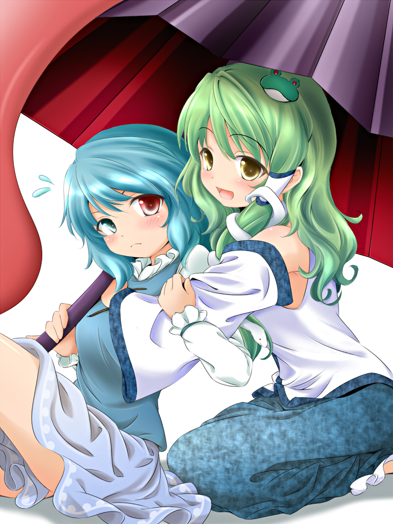 sui. (ayase), kochiya sanae, tatara kogasa, touhou, 2girls, blue eyes, blue hair, detached sleeves, female focus, frog, green hair, hair ornament, heterochromia, hug, karakasa obake, multiple girls, oil-paper umbrella, red eyes, short hair, sitting, snake, tongue, umbrella, yellow eyes