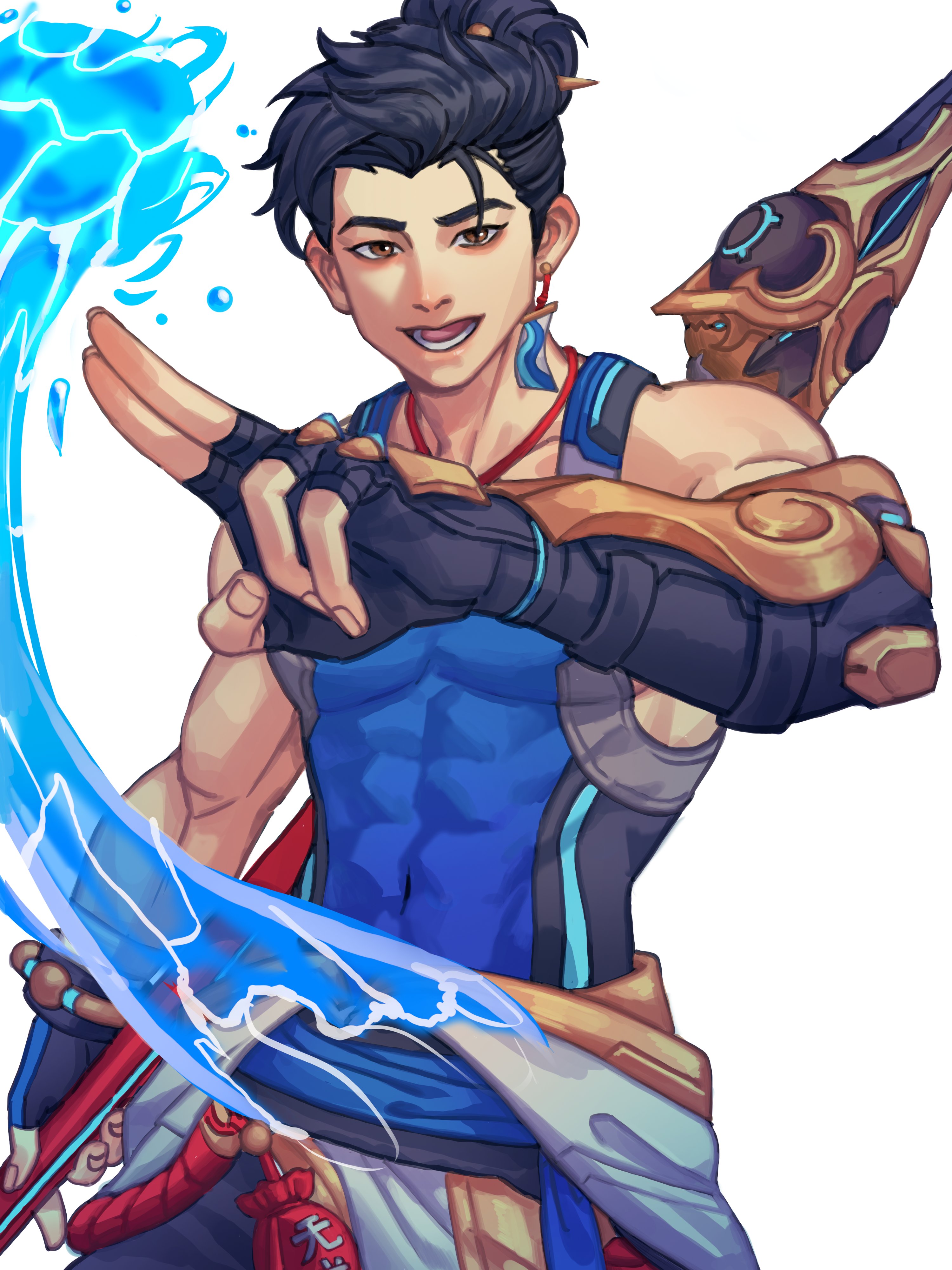 min gal 77, overwatch, absurdres, highres, 1boy, bare shoulders, black gloves, black hair, blue shirt, brown eyes, covered abs, cowboy shot, earrings, fingerless gloves, gloves, holding, holding weapon, jewelry, looking at viewer, male focus, neck, open mouth, rectangular earrings, shirt, single earring, sleeveless, sleeveless shirt, smile, solo, updo, weapon, white background, wuyang (overwatch)