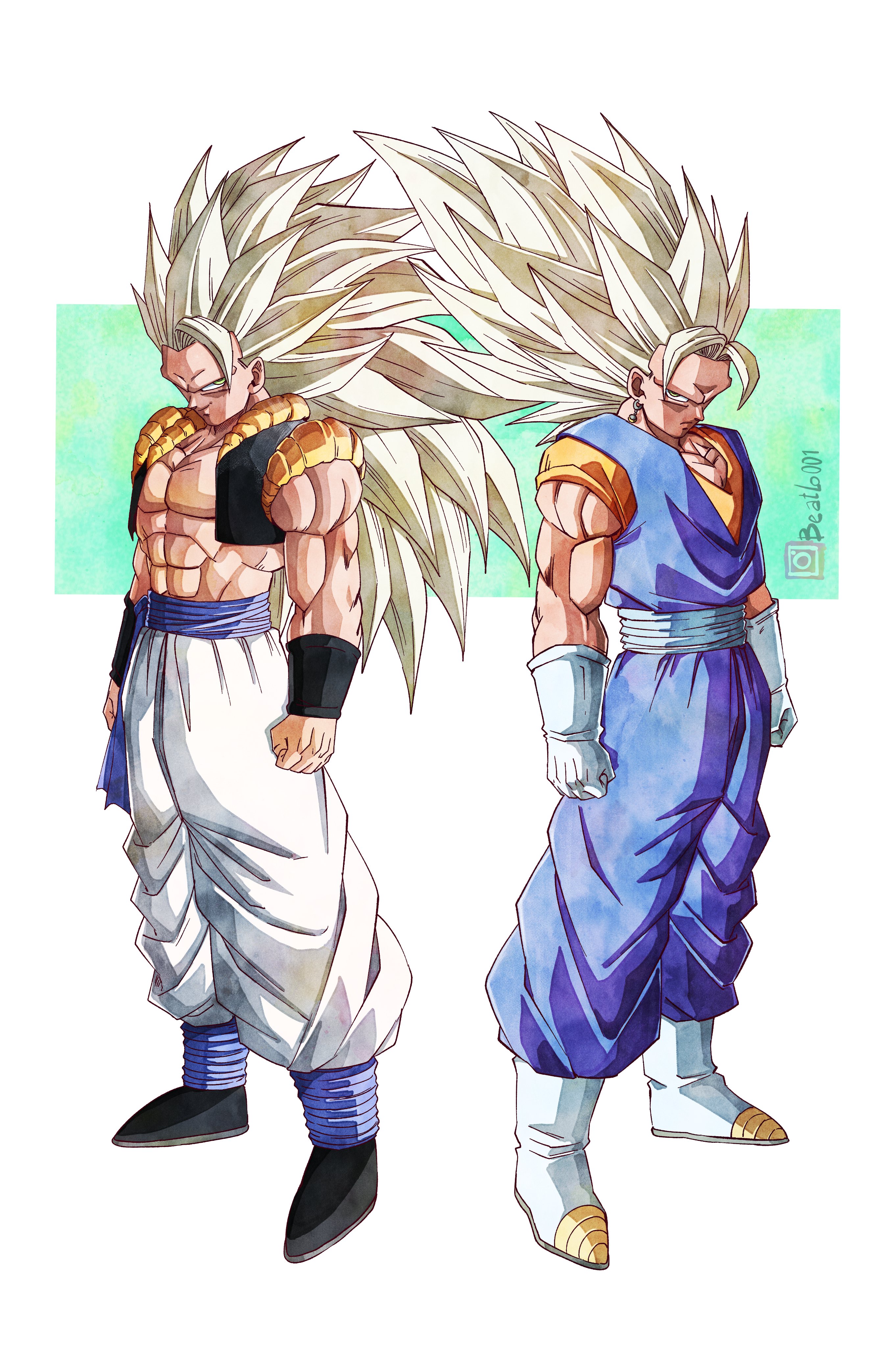 beatlo (rodrigo38658978), dragon ball, dragonball z, absurdres, highres, 2boys, alternate form, blonde hair, boots, cropped vest, dougi, earrings, full body, gloves, green eyes, instagram username, jewelry, long hair, looking at viewer, male focus, metamoran vest, multiple boys, muscular, muscular male, no eyebrows, pants, potara earrings, sash, spiked hair, super saiyan, super saiyan 3, vest, white gloves, white pants, wristband