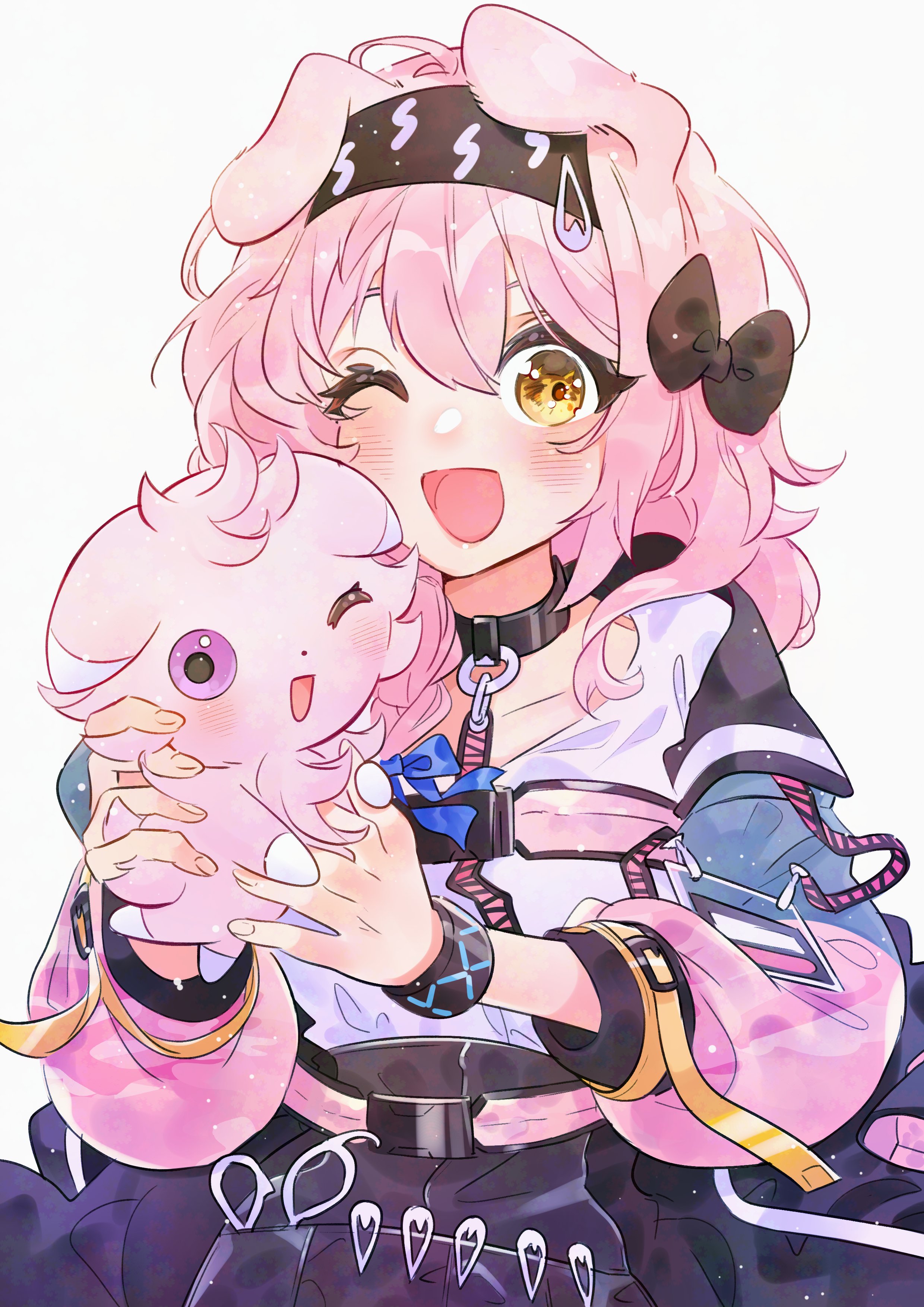 noxxia39, goldenglow (arknights), infection monitor (arknights), arknights, sanrio, absurdres, highres, 1girl, animal ears, black hairband, blush, bow, braid, cat ears, cat girl, coat, floppy ears, hair bow, hairband, holding, id card, jacket, lightning bolt print, long hair, long sleeves, looking at viewer, multicolored jacket, object in pocket, pink coat, pink hair, pink jacket, pocket, print hairband, scissors, scottish fold, shirt, simple background, smile, white shirt, yellow eyes