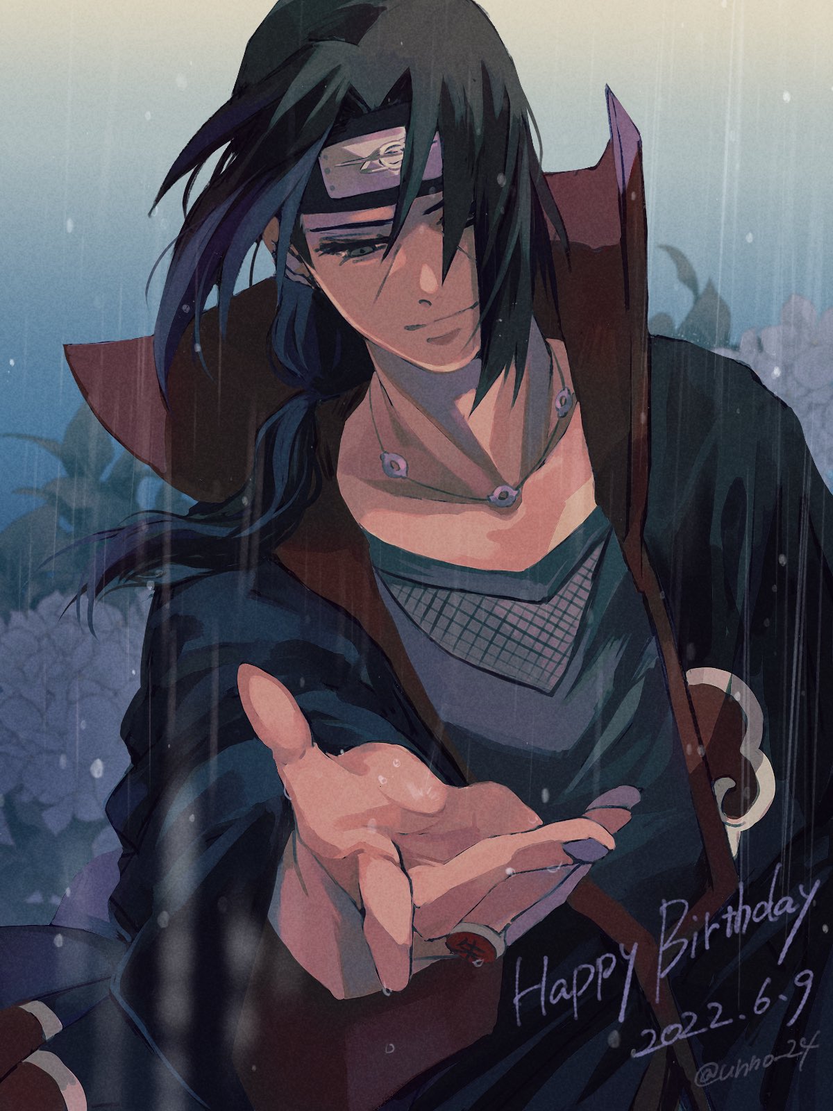 unno 24, uchiha itachi, naruto (series), naruto shippuuden, highres, 1boy, akatsuki uniform, black hair, black headband, black jacket, dated, facial mark, fishnet top, fishnets, grey eyes, grey nails, grey shirt, happy birthday, headband, jacket, light smile, long hair, low-tied long hair, male focus, outstretched hand, parted bangs, rain, shirt, solo, twitter username, upper body